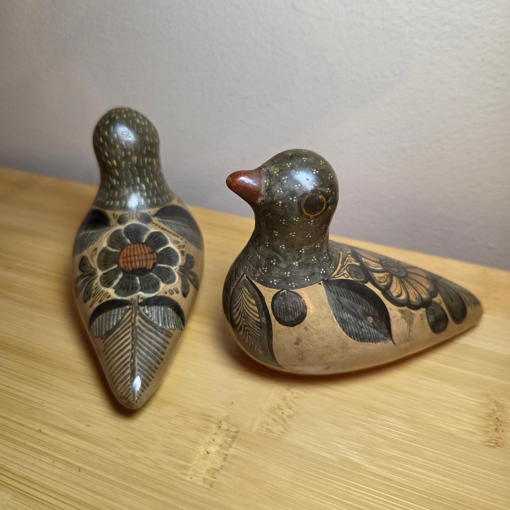 Mexican Tonala Pottery Bird Figurines Hand Painted Dove Pair Set of 2